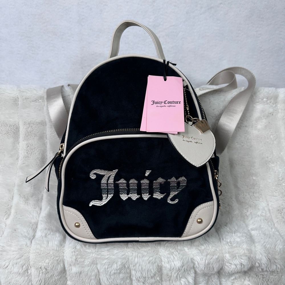 Juicy Couture Black Retro Vibe Backpack Cream Trim Heart Charm NWT